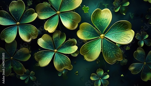 Golden clover leaves with green speckles on a dark green background with light reflections. The concept of celebrating St. Patrick's Day