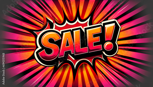 A vibrant and attention-grabbing "SALE!" announcement in a bold and stylized font, set against a background of explosive, radiating lines in red and orange. Suitable for advertising and promotional. 