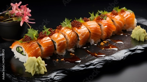 A plate of Japanese Delicious food Salmon Sushi and rolls Set on a black table. Japanese food Sushi.