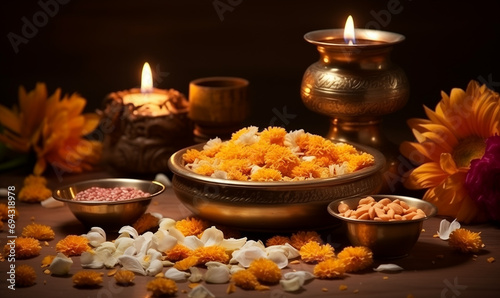 burning diya and marigold flowers with assorted sweet and snack for light festival of India.