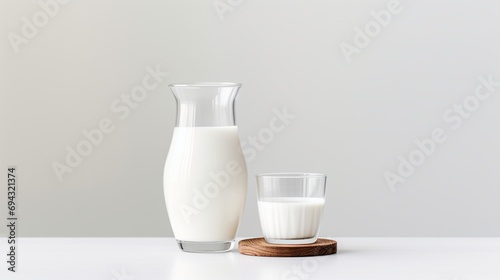 milk jug and glass on the table on white background.