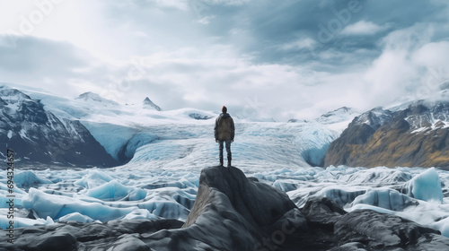 man on the top of a rock overlooking a glacier in iceland