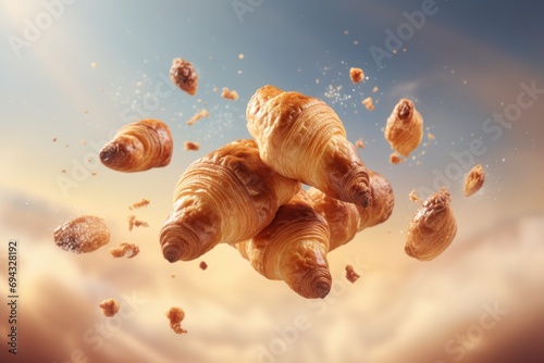 Flying croissants on sky background. Flying food concept.