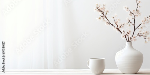 Scandinavian minimal design with white room, sakura in vase, wooden table, and spring decoration ideas.