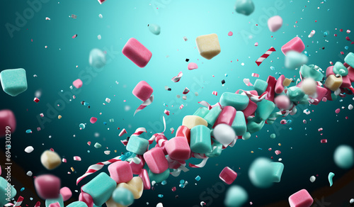 Sweet jelly candies, lollypops, and marshmello. Dessert party concept. 2D Illustration.