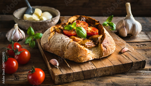 apulian country bread with roasted ox heart tomatoes and garlic, generative ki
