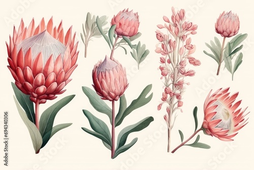  abstract clipart of protea flower. Pink protea. Set of exotic flowers on a creamy background. For wedding invitation cards scrapbooking posters planners, web, landing page, Generative AI 