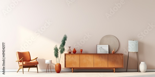 Scandinavian living room with wooden commode, poster frames, book, ceramic vessel, decor, carpet, and retro accessories. Template.