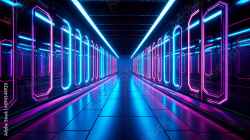Background of futuristic architecture sci-fi hallway and corridor tunnel with neon lights.