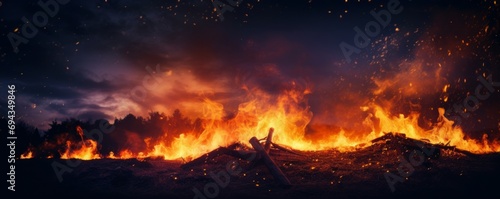 The fire has engulfed the forest at night and is spreading at high speed, flames rising upwards, smoke all around. Concept: Natural disaster, forest fire. Ultra-wide panoramic banner