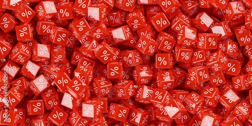 Heap of red cubes or dice with percent sign symbol, sale, discount or sales price reduction concept background, flat lay top view from above