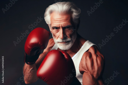 angry Elderly senior men wearing red boxing gloves, confident smiling expression ready for fight. ai generative