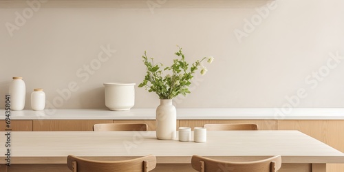 Minimal table decor with white and beige kitchen and dining interior.