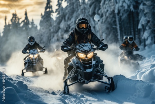 Group of friends snowmobiling through a scenic winter landscape, capturing the excitement of snowy adventures