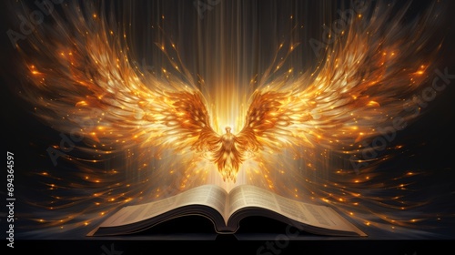 The Bible, the book of the god of Christianity about the covenants of Jesus Christ, with a flame of fire and an angel, golden shades