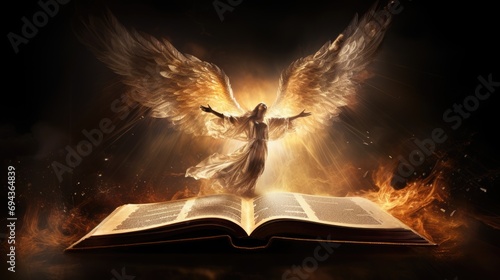 The Bible, the book of the god of Christianity about the covenants of Jesus Christ, with a flame of fire and an angel, golden shades