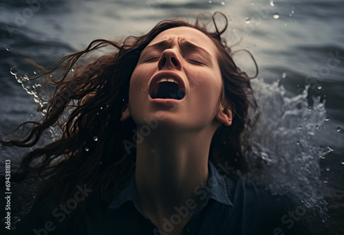 A red headed woman under water screaming with her mouth open, drowning in water, staggering, falling, sinking, crying out