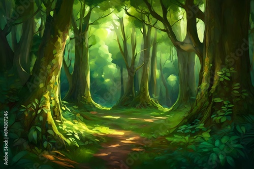 A magnificent forest full of large trees and lush vegetation, reminiscent of a fantasy. Background painted digitally