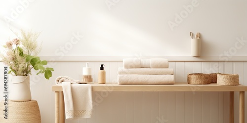 Beige spa bathroom with towels on white desk and accessories near white wall.