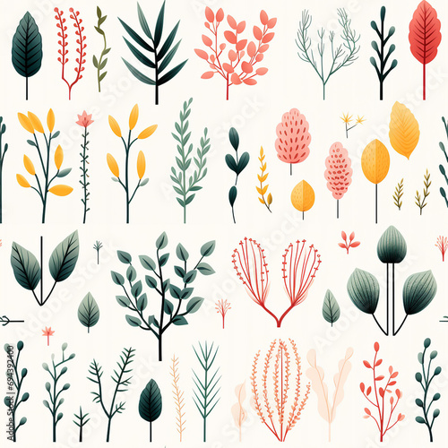 A seamless botanical pattern showcasing a variety of stylized flora in a modern, muted color palette, perfect for fabric and wallpaper