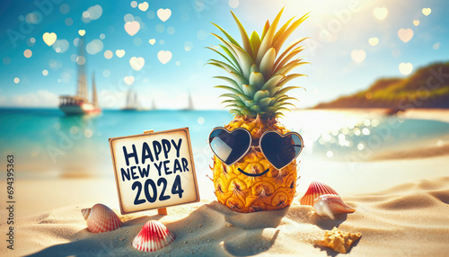 Tropical New Year Celebration, Pineapple with Sunglasses on the Beach.