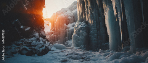Beautiful frozen canyon with icicle formations and snow, illuminated by a warm sunset glow creating a stark contrast.