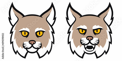 Cartoon bobcat head set. Traditional comic style lynx, roaring and calm, sports mascot. Isolated vector illustration.