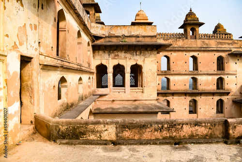 Beautiful view of Orchha Palace Fort, Raja Mahal and chaturbhuj temple from jahangir mahal, Orchha, Madhya Pradesh, Jahangir Mahal (Orchha Fort) in Orchha, Madhya Pradesh, Indian archaeological sites