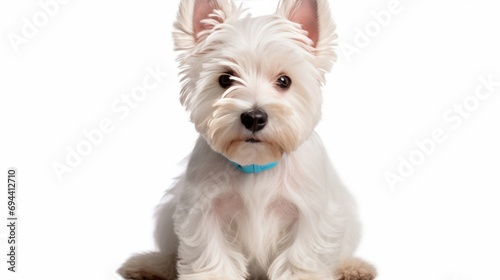 Sitting highland terrier dog wearing a santa hat for christmas isolated on white background as transparent PNG isolated on white background,. Created using Generative AI Technology