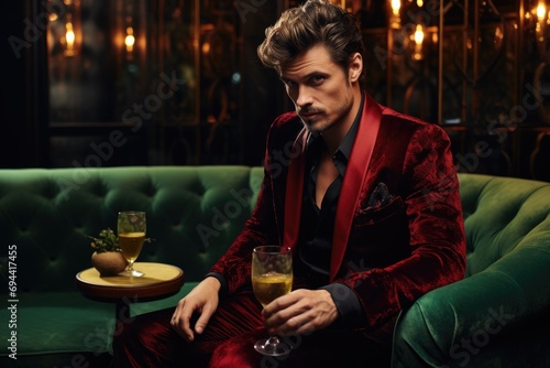 Dapper male model in a velvet smoking jacket at a lounge