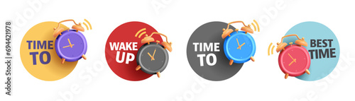 Set of round stickers with 3d render icons of alarm clock, stylized modern graphic of vintage clock in different colors, advertising label
