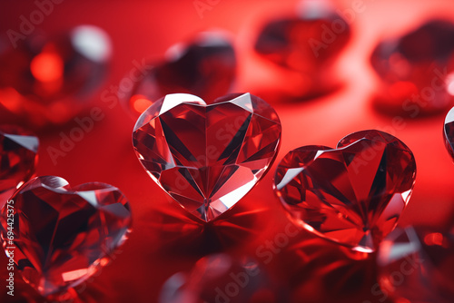 Red crystal hearts floating on a intense red background