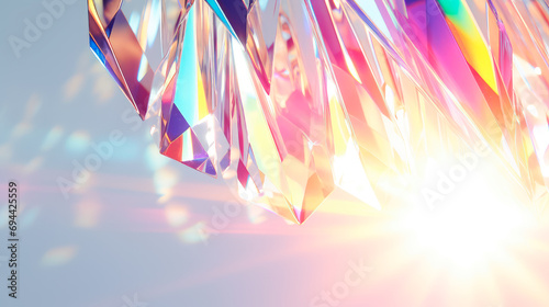 A prism disperses bright sunlight into a spectrum of colors, creating a vivid play of light and rainbow hues on a soft background.