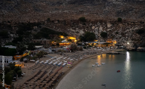 Evening Lindos beach on the island of Rhodes in Greece.