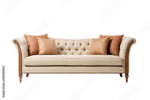 A three-seater linen sofa in beige featuring button details on the backrest, accompanied by two matching cushions with embroidery, and mahogany tapered leg