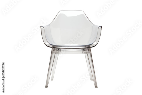 A modern chair featuring clear acrylic material with steel legs and armrests, complete with transparent seat and backrest panels.