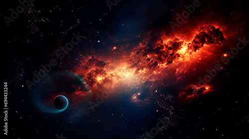 Birth of supernova star. Big bang explosion in outer space. The genesis of a new planet in the galaxy. Expansion of universe. Gas dust clouds nebula background.