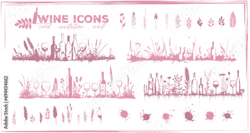 Invitation wine icons - Collection of wine glasses, bottles and plants. Elements for invitation cards, advertising banners and menus.