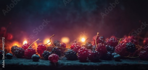  a table topped with lots of blackberries and raspberries on top of a table next to a lit candle.