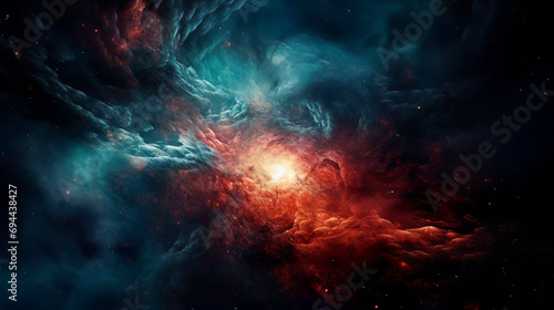 Birth of supernova star. Big bang explosion in outer space. The genesis of a new planet in the galaxy. Expansion of universe. Gas dust clouds nebula background.
