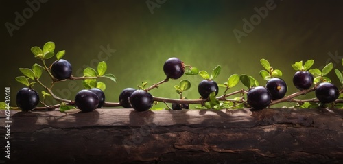  a group of plums sitting on top of a wooden table next to a green leafy branch of a tree.