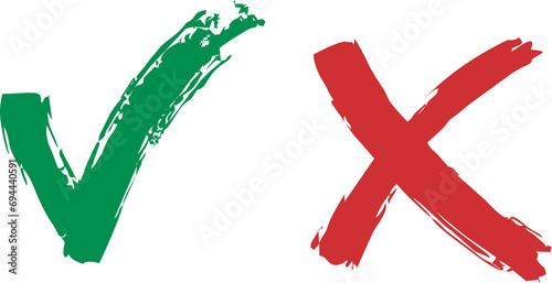 Tick and Cross sign hand drawn in high HD resolution on transparent background. Good for vote, election choice, check marks, approval signs. Red X and green OK symbol icons. PNG format.