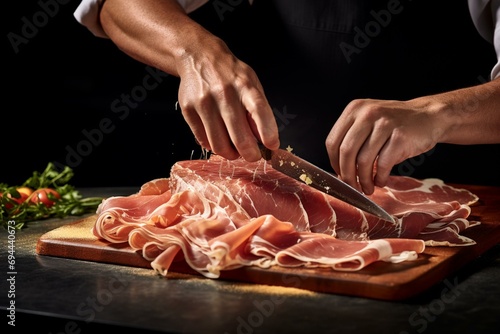 Slicing prosciutto crudo on a dim table using a knife. Generative AI