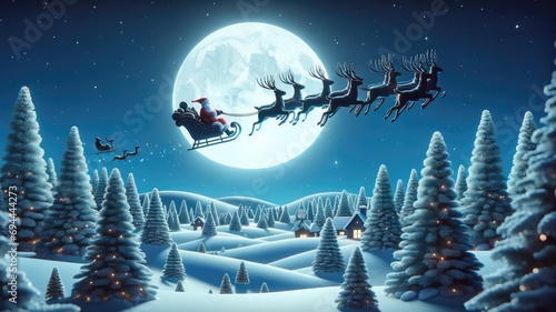 Merry Christmas background scene with Santa Claus on sleigh in a starry night sky with reindeer in 3d style illustration.