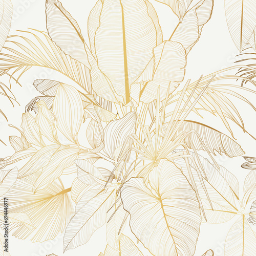 Seamless tropical pattern with golden line leaves, flowers and plants. Seamless exotic pattern with tropical plants. Exotic wallpaper. Trendy summer Hawaii print.