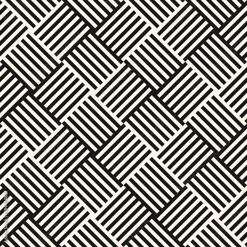 Wicker surface texture. Vector geometric lines seamless pattern. Modern vector ornament with stripes, squares, quirky lines. Abstract black and white graphic background. Stylish repeated geo design