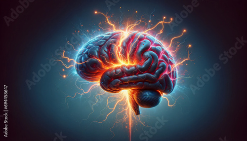 Explosive Brain Concept Illustration: Frontal View, Symbolizing Neurological Disorders like Alzheimer's, Parkinson's, Dementia, Multiple Sclerosis.