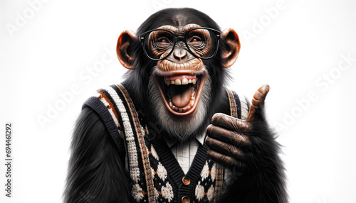 chimpanzee laughing out loud and showing thumb up. Funny Nerdy chimp giving thumbs up.