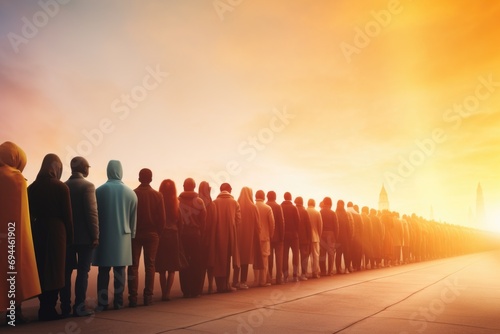 A large group of people standing in a line. This image can be used to represent teamwork, unity, waiting in line, or organized events