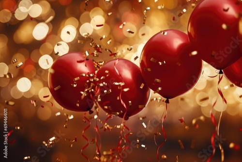 Colorful red balloons floating in the air with confetti. Perfect for celebrations and festive occasions